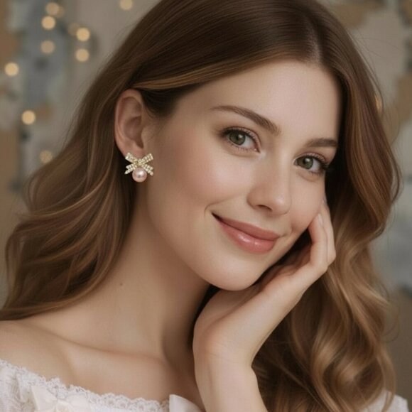 Coquette Pink Pearl Bow Earrings Gold Crystal Ribbon Studs Dainty Balletcore - Picture 9 of 14